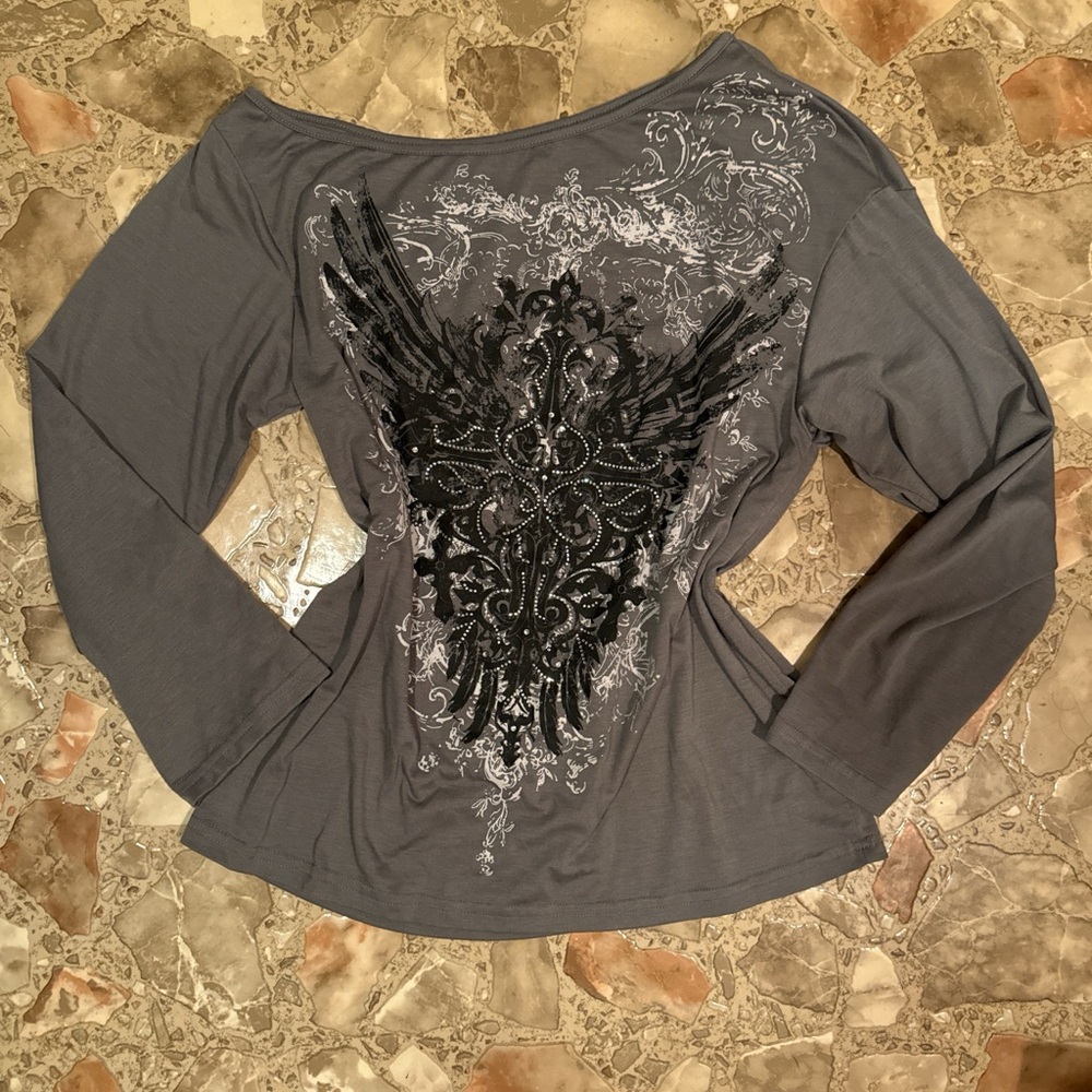 Grey Off the Shoulder Long Sleeve Top with y2k Grunge Black Bedazzled Design